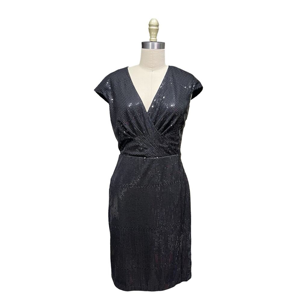 Vtg Chetta Black Sequin Faux Wrap V-Neck Sheath Cocktail Prom Disco Party Dress